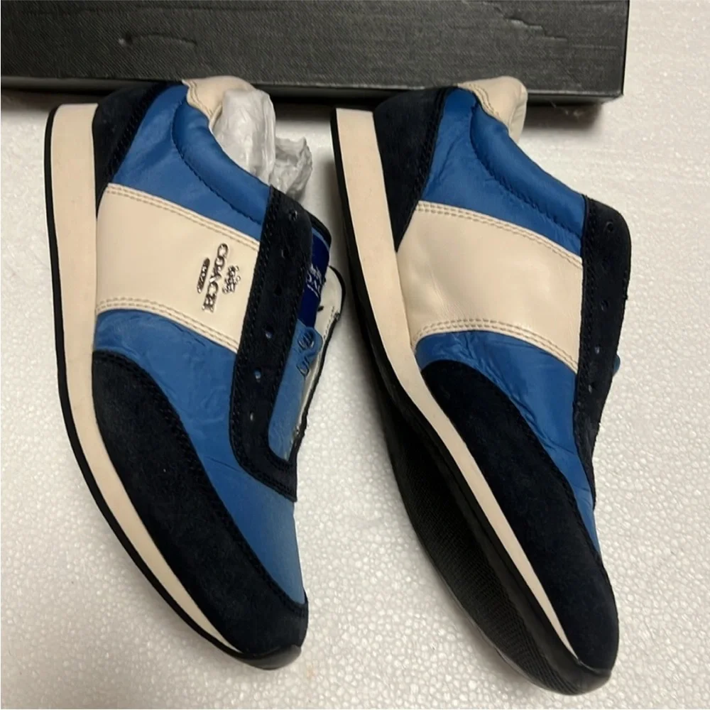 🆕 Coach leather logo trainer Blue and White Sneakers no shoelaces - Picture 6 of 10
